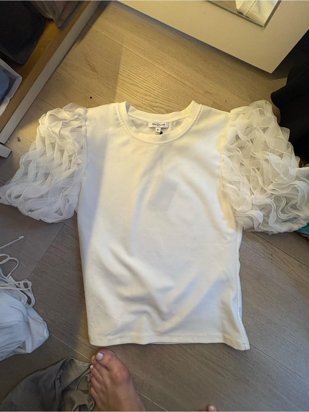 Area Stars White Puff Sleeve Top with Sheer Ruffle Sleeves